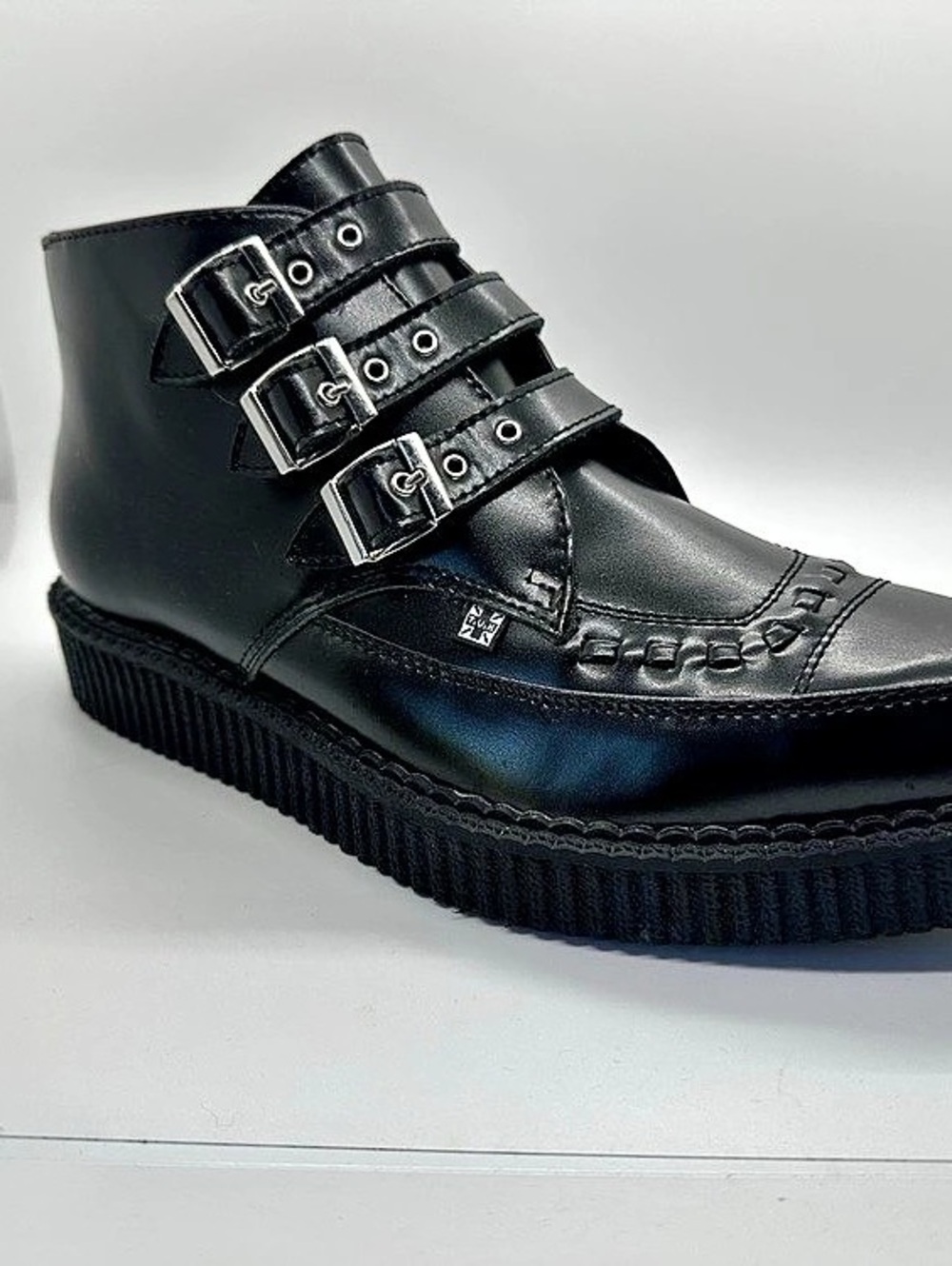 ONLY ONE RIGHT SHOE T.U.K. Black Leather Pointed 3-Buckle Creeper Boot